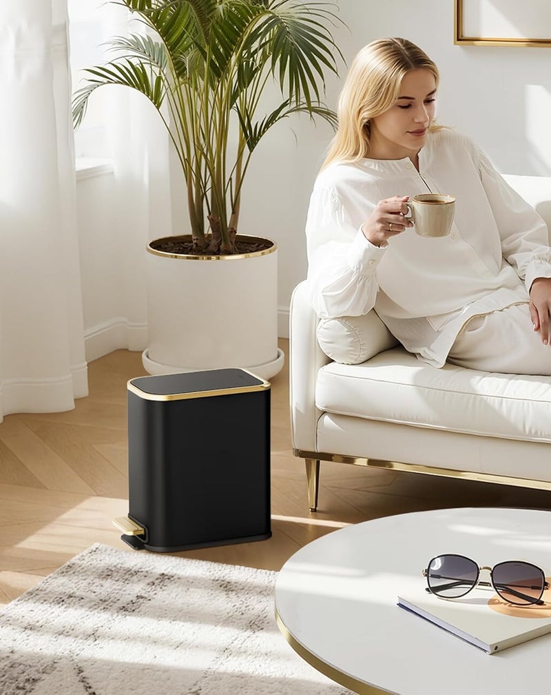 Cesun Small Bathroom Trash Can with Lid Soft Close, 5 Liter/1.3 Gallon Stainless Steel Garbage Can with Removable Inner Bucket, Step Pedal, Slim Waste Basket for Toilet, Office, Bedroom (Black&Gold) - Image 2